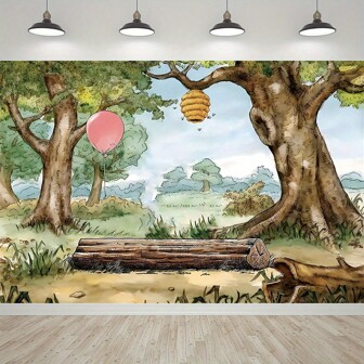 迷人的森林和可爱的熊生日背景 - 带有气球、蜜蜂和蜂巢场景的乙烯基摄影背景 - 适合主题派对、蛋糕桌和房间装饰、生日派对背景 | 复古森林设计 | 派对用品、生日派对装饰品