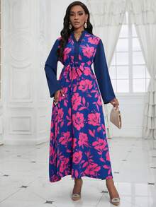 Spring/Summer Women's Retro Print Dress, Turkish Style Long Robe, Modest Kaftan - Multicolor - View 3