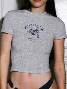 女款夏季 Y2K Hottie 街头风格澳大利亚邦迪海滩印花休闲短袖修身 T 恤上衣外出上衣女款 - 灰色 - 查看 3