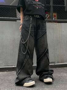 1pc Men's Distressed Vintage Wash Deconstructed Patchwork Wide Leg Jeans (Product Does Not Include Belt And Accessories) - Black - View 3