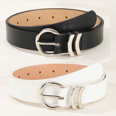 1/2pcs Crescent Moon Silver-Color Buckle PU Leather Black White Casual Business Elegant Lady Belt, Suitable For Skirts And Pants, All Seasons Summer, School Fall, Autumn, Halloween