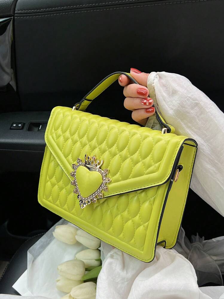 Neon Green Quilted Crown & Heart Decor Flap Square Bag, Women Quilted Crossbody Shoulder Bags Fashion Designer Handbags Quilted Crossbody Purse Cell Phone Backpack, Vintage New PU Leather Shoulder Bag Female Lock Crossbody Handbags - Green - View 8