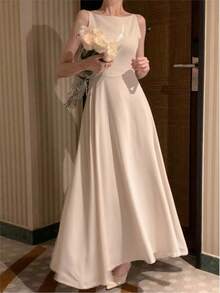 优雅细肩带香槟色婚礼宾客礼服春夏演唱会简约朴素晚会鸡尾酒会 - 杏色 - 查看 7