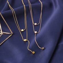 Mini Square Pendant Necklace, Titanium Steel Double-Layer Clavicle Chain, Unique Design, Suitable For Women, Ins Minimalist Style Style - [96045] Double-layer Cube Steel Color - View 4