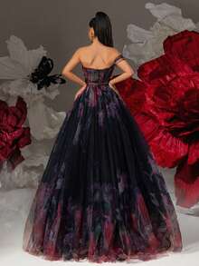 优雅露肩黑色花卉印花长款薄纱高开衩晚礼服，女士正装和晚礼服，女士舞会礼服，正式晚礼服，派对礼服，婚礼宾客礼服