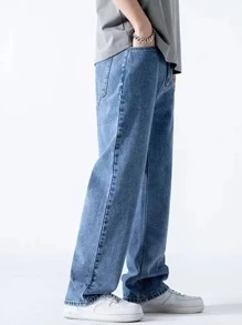 Jeans en denim bleu pour garçons, pantalon casual de style basique lavé pour adolescents, coupe droite, printemps/automne