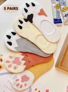 5 Pairs Women's Casual Cat Paw Print Ankle Socks, Cute Indoor Socks