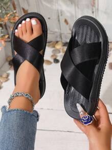 1 Pair Fashion Flat Cross Toe Slides Sandals For Teens, Suitable For Spring/Summer Outdoor Wear - Black - View 6