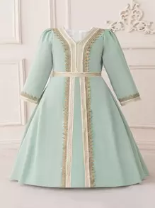 Baby Girls V-Neck Metallic Ribbon Stretchy Elegant Party Princess Dress, Suitable For Family Banquet, Holidays & Celebrations (Headband Not Included)