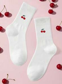 1 Pair Cherry Fruit Minimalist Design Mid-Calf Socks, Suitable For Everyday Household Wear, Fall - Multicolor - View 1