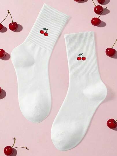 1 Pair Cherry Fruit Minimalist Design Mid-Calf Socks, Suitable For Everyday Household Wear, Fall