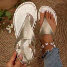 Women's Stylish Thong Sandals Elastic Ankle & Triangle Straps, Ideal For Beach Wear - 金色 - 查看 4