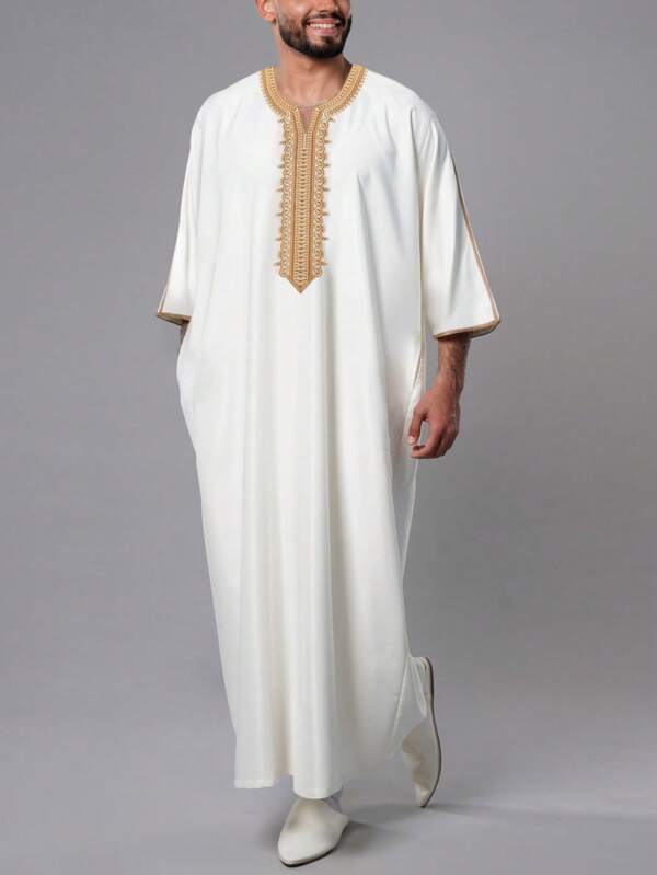 Bata de hombre de unicolor con bolsillos, bata de baño informal con bordado vintage para hombre, bata de estar por casa blanca para hombre