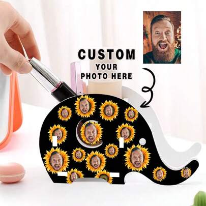 1pc Custom Elephant Pencil Holder With Sunflower & Portrait Print, Personalized Multi-Function Pen Pouch, Phone Stand, Storage Container, Stationery Box - Supports Photo/Portrait Customization
