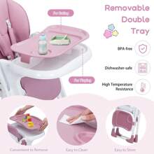 Broadfashion High Chair For Babies & Toddlers, Foldable Highchair With Adjustable Backrest/Seat Height, Double Removable Tray, PU Cushion - 紫色 - 查看 3
