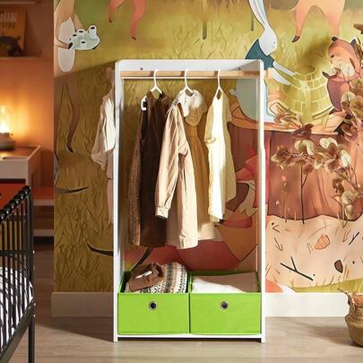 SoBuy Children's Wardrobe With 2 Hooks & Boxes, Wardrobe & Shelf For Children's Room, White 60x110x35cm KMB109-W