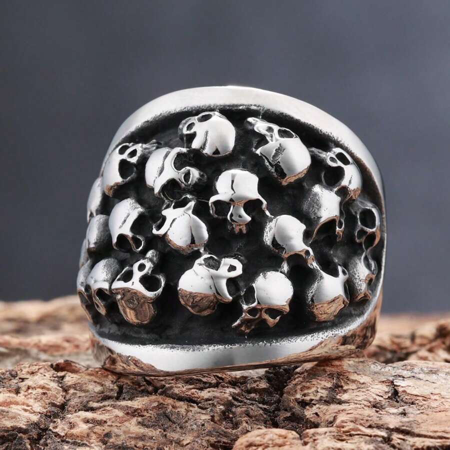 1Piece Water Proof Won't Turn Green Stainless Steel Chunky Punk Gothic Skulls Men's Ring - Silver - View 1