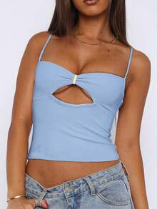 Women's Solid Color Cutout Ruffle Fitted Sexy Camisole Top, Music Festival Y2K Style - Baby Blue - View 6
