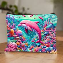 1 pièce Sac à maquillage pliable avec imprimé charmant de dauphin et baleine - essentiel pour les sorties, minimaliste et élégant avec fermeture éclair - en matériau de canevas, impression recto-verso - organisateur de cosmétiques de voyage parfait et cadeau pour les amateurs de dauphins, accessoires de dauphin, organisateur de toilette