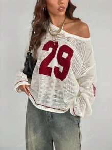 Plus Size Women's Numeric Hollow-Out Drop Shoulder Long Sleeve Sweater