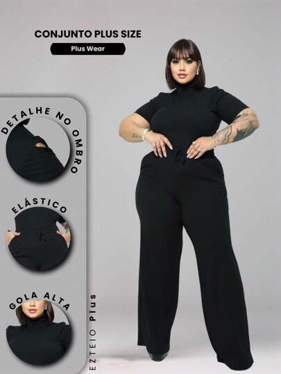 Conjunto Feminino Plus Size Blusa Gola Alta Detalhe no Ombro e Calça Pantalona C/ Elástico Elegante Confotável