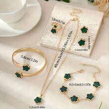 Set de 6 piezas de joyería para mujer con trébol de cuatro hojas de la suerte: Collar + Aretes + Anillo + Pulsera + Brazalete, diseño minimalista y elegante de aleación, para cumpleaños, Navidad, celebraciones y accesorios de moda