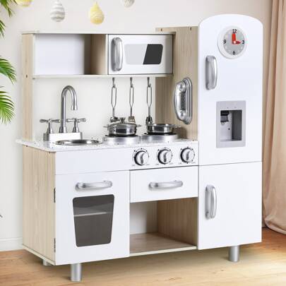 MAMIZO Kids Pretend Play Kitchen, Preschool Toddler Wooden Cooking Kitchen Playset, Children Interactive Toy Kitchen With Telephone, Stove, Microwave, Water Dispenser, Storage Shelf