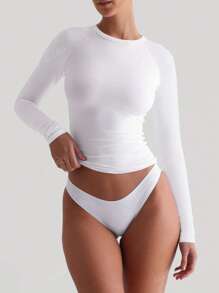 Camiseta básica de manga larga con cuello pequeño y raglán sólida de XLLAIS para mujer, de punto deportivo, color blanco