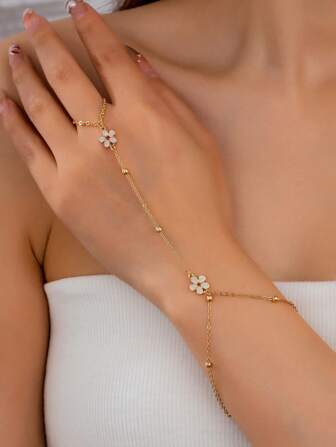 1 قطعة سوار للأصبع أنيق بسيط مزين بالخرز بشكل بتلات بيضاء للنساء، ديكور للزي اليومي