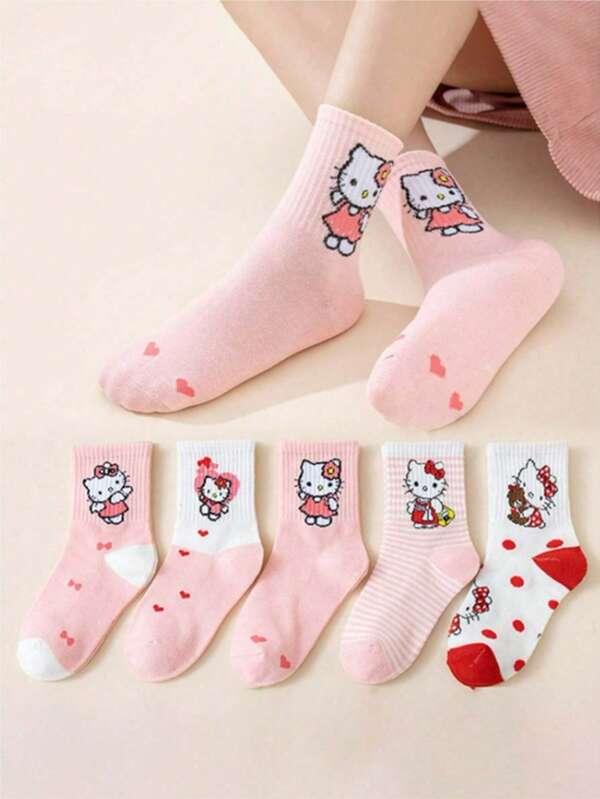 Sanrio DOMIO 5 pares de calcetines para niños, calcetines de tubo medio para niños con patrón de gatito con lazo rosa y blanco de estilo elegante y lindo para otoño e invierno