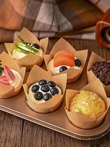 50 件/100 件郁金香形蛋糕衬垫，牛皮纸/自然色/白色/粉色纸质烘焙杯，防油且易脱模的纸杯蛋糕托，适合派对和节日 - 彩色 - 查看 4