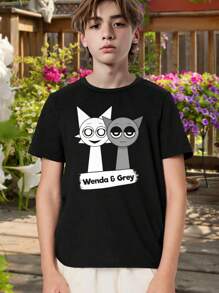 Wenda Grey Couple T-Shirts - Funny Matching Anime Cat Tees For Him Her - Cute Graphic Short Sleeve Tops - Unique Gift Idea For Teens Adults - 黑色 - 查看 1