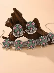 3pcs Retro Boho Colorful Round Flowers Alloy Pendant Earrings, Multi Layer Chain Decor Necklace Jewelry Set Suitable For Women's Daily Wear, Party, Wedding, Festival Accessories - View 6