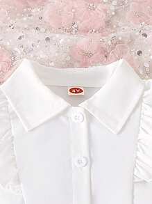 Set de 2 piezas con blusa sin mangas con volantes y falda con decoración de lazo, atuendo veraniego para niña
