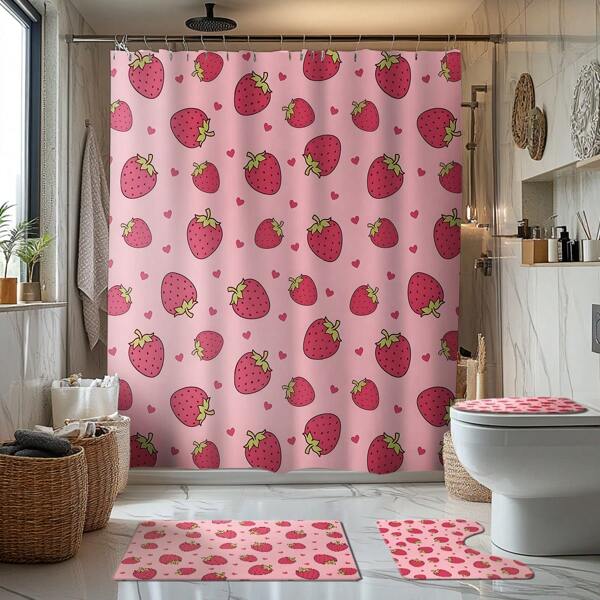 1/4pcs Pink Strawberry Heart Theme Bathroom Set Including Shower Curtain, Bath Mat, U-Shaped Toilet Mat, Toilet Seat Cover, Waterproof Shower Curtain, Fashionable Curtains For Bathroom Door, Window, Divider, No Need To Drill, Made Of Polyester, Machine Washable Bathroom Decor