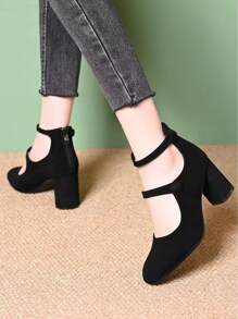 Women's Chunky Heeled Spring Mary Jane Shoes, New Soft Leather Strap Vintage Suede Round Toe Black Slip-On Pumps