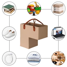 Stair Basket Storage Organizer With Leather Handles, Large Capacity Foldable Home Toys Misc. Storage Bin - Khaki - View 2