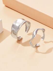 2pcs/Set Boho Open Band Rings, Stainless Steel Elegant Geometric Wave Adjustable Rings, Women Holiday Gift - Silver - View 9