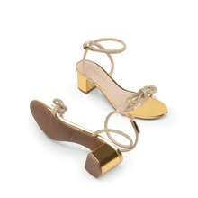 Women Double Bowknots Crystal Heeled Sandals Comfortable Chunky Low Heels Clear Slingback Summer Sandals For Wedding Bridal Party - Gold - View 6