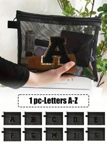 Black Mesh Bag, Large Capacity With Name Initials, Towel Embroidered Letters A-Z, Transparent Mesh Cosmetic Storage Bag, Multi-Functional Travel Portable Bag, Lipstick Skincare Product Storage Washing And Makeup Bag, Student Stationery Bag, Mesh Zipper Bag, Travel Cosmetic Packaging Storage Bag, Simple And High-End, Accessory Storage, Suitable For Dormitory Storage, Travel, Business Trip, Swimming, Home Storage Make Up Bag - Black - View 1