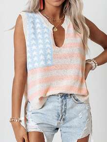 Áo tank top dệt kim cổ chữ V in họa tiết ngôi sao và sọc, kiểu dáng thường ngày, không tay, thích hợp mặc mùa hè. - Màu be - Xem 6