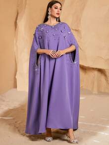 Women's Heavy Beading And Sequins Elegant Conservative Arabic Style Dress, Modest Abaya - Purple - View 5
