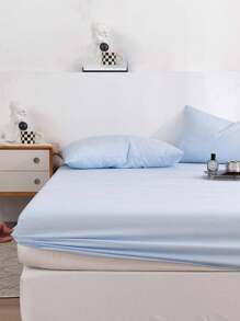 1 Set 3pcs Light Blue Soft Cotton Fitted Sheet Set, Suitable For Bedroom, Guest Room