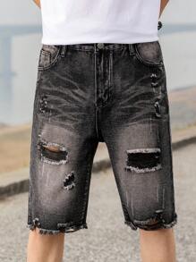 Fashionable Straight Leg Mid-Length Denim Shorts For Teen Boys - Black - View 8