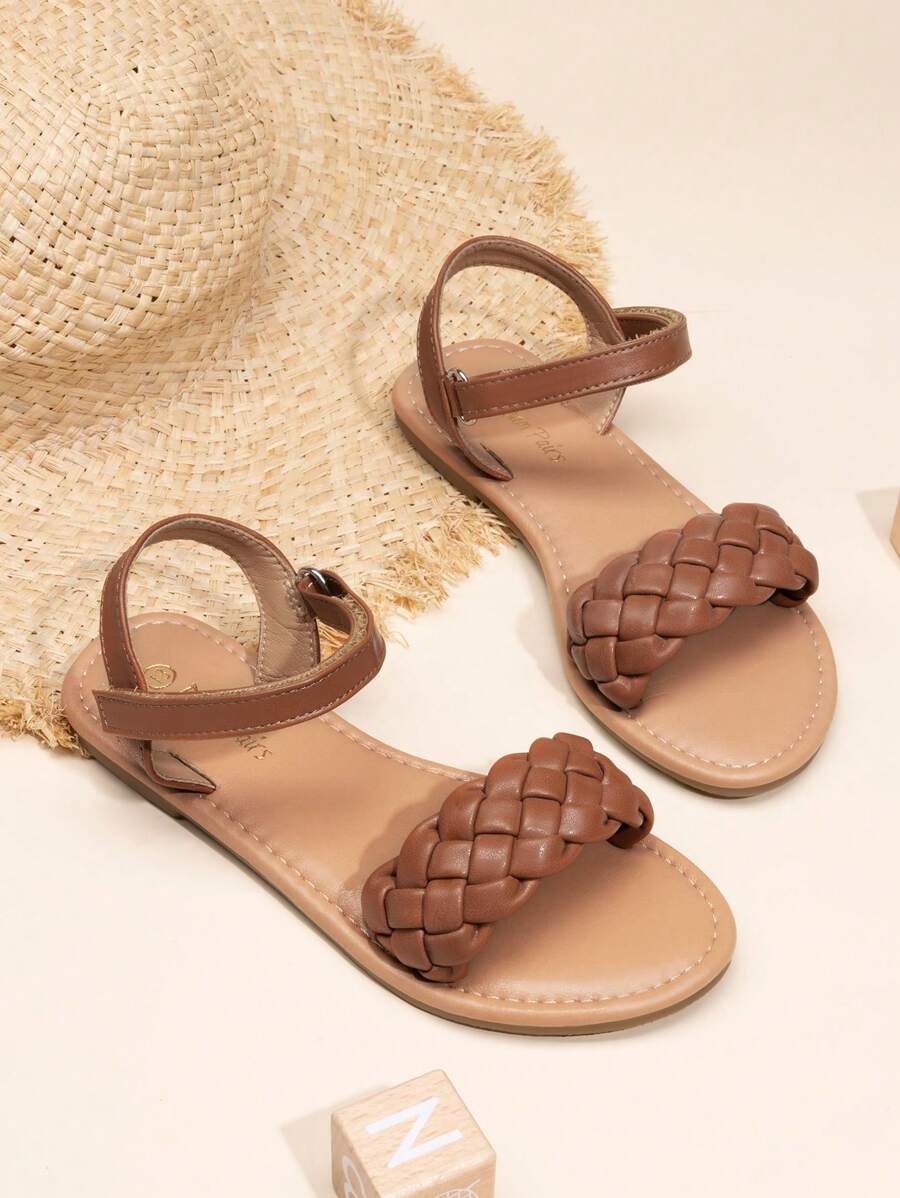 Girls Sandals Classic Open Toe Braided Flat Sandals Summer Dress Shoes - Brown - View 1
