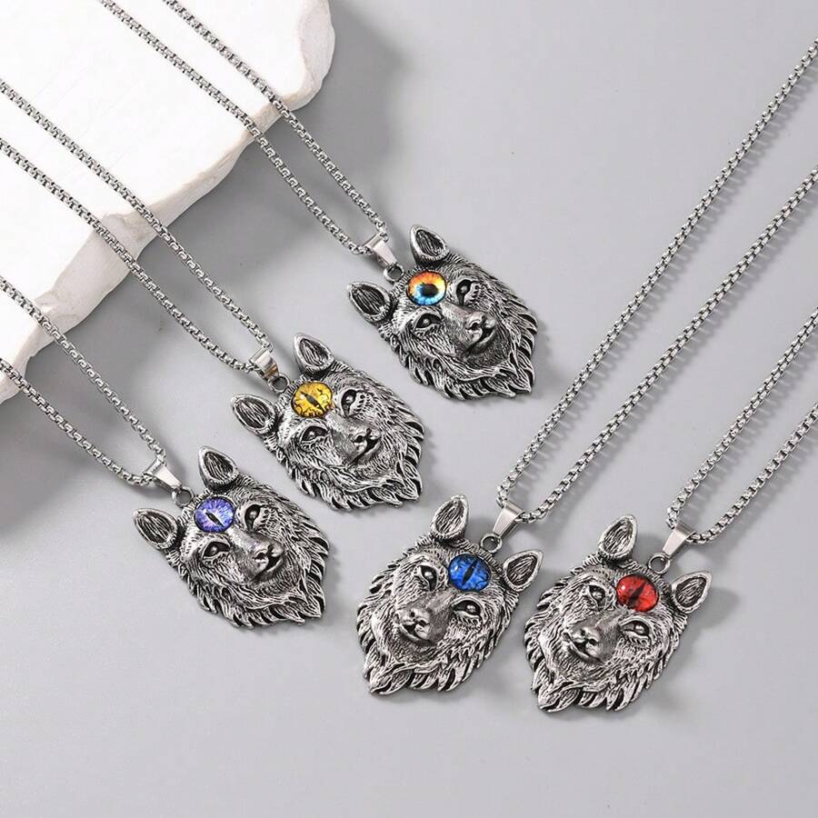 1 件不锈钢狼头与邪眼吊坠项链，休闲吊坠项链，适合日常佩戴 - 狼頭 - 查看 1