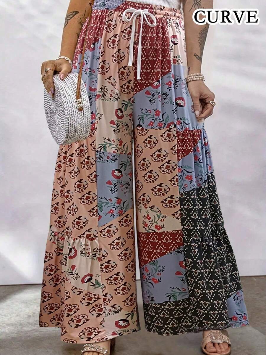 女士高腰收腰嬉皮拼接阔腿夏季长裤