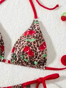 女士 2 件套樱桃印花比基尼套装，露背系带，简约性感夏季泳装 - 彩色 - 查看 6