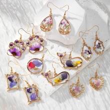 1 Pair Blue Series Preserved Dried Flower Alloy Handmade Resin Flower Drop Earrings