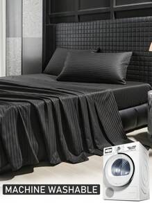 3/4 件黑色条纹图案提花床单套件，奢华现代床单和床笠四季皆宜床上用品套件（1 件床单 + 1 件床笠 + 1/2 个枕套） - 黑色 - 查看 5